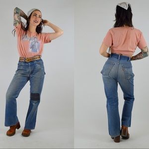 1970s Levi Flare Jeans patched worn in denim